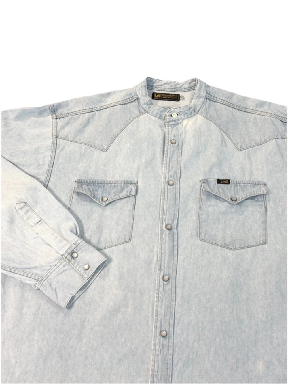 Vintage Lee Western Wear Denim Shirt Men’s Large Blue Pearl Snap Grandad Collar
